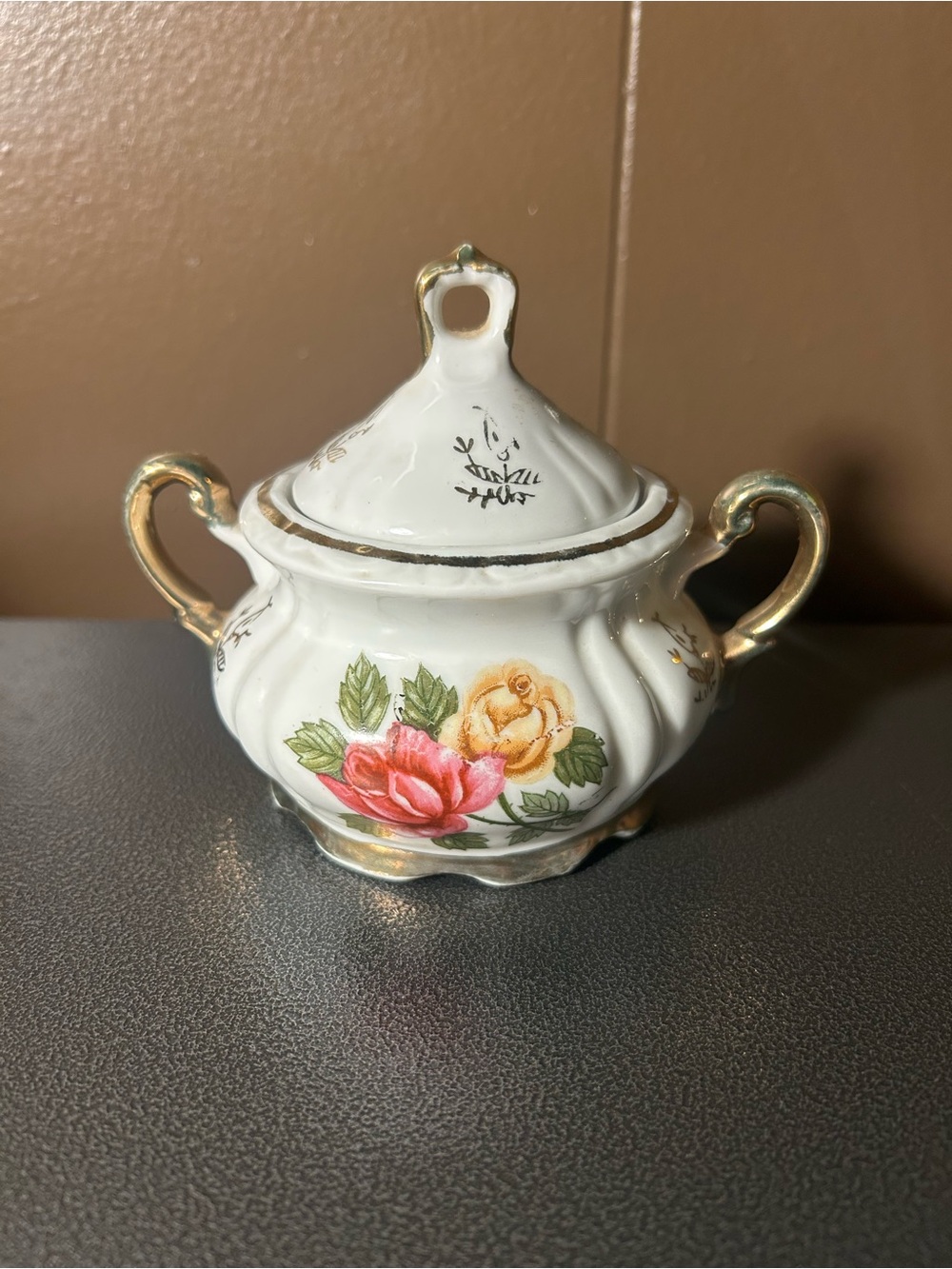 Vintage Porcelain Floral Sugar Bowl with Gold Trim - White, Pink & Yellow